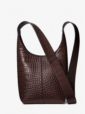 Bolso Hobo Michael Kors Dede Mini Crocodile Embossed Cuero Mujer Chocolate | 690451-AHM