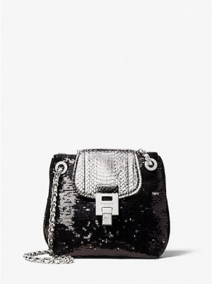 Bolso Pequeño Michael Kors Bancroft Sequin And Snakeskin Disco Mujer Negras | 340962-ZJX