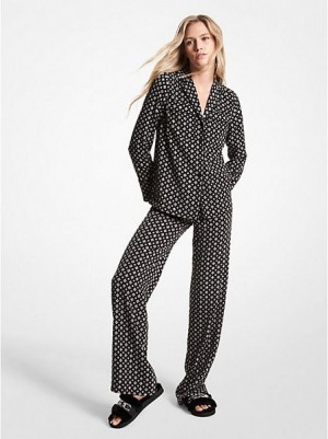 Camisas Michael Kors Studded Medallion Crushed Crepe Pajama Mujer Negras Blancas | 250364-VUK