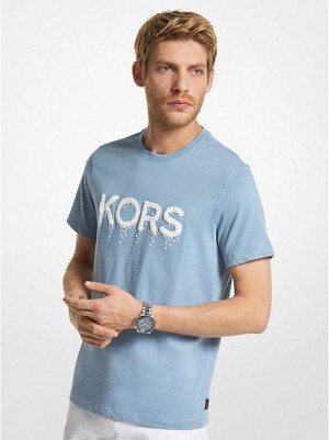 Camiseta Michael Kors Estampadas Logo Algodon Hombre Azules Blancas | 165723-YLM