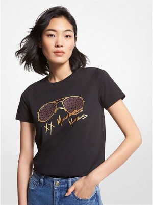 Camiseta Michael Kors Logo Aviator Print Organic Algodon Mujer Negras | 186397-XGD