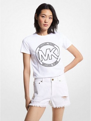 Camiseta Michael Kors Logo Charm Print Organic Algodon Mujer Blancas | 182340-RZN