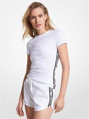 Camiseta Michael Kors Logo Tape Organic Algodon Ruched Mujer Blancas | 503978-PTZ