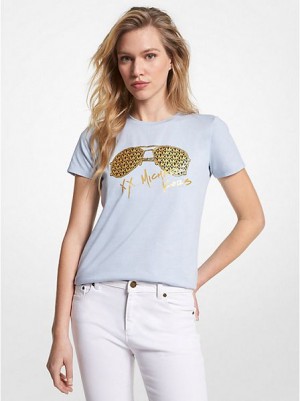 Camiseta Michael Kors Metallic Logo Aviator Print Organic Algodon Mujer Azules Doradas | 954872-LVH