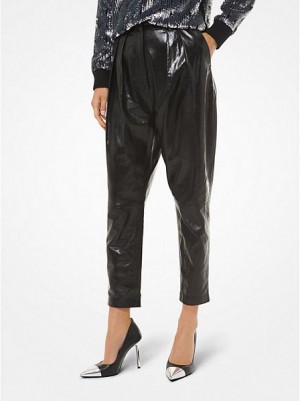 Pantalones Michael Kors Plisado Cuero Mujer Negras | 148659-AIS