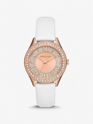 Relojes Michael Kors Harlowe Pave And Lizard Embossed Cuero Correa Mujer Rosas Doradas | 453196-FKX