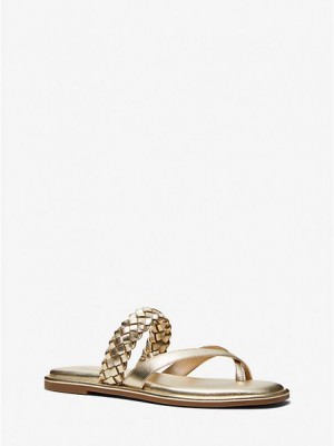 Sandalias Michael Kors Alba Braided Metallic Faux Cuero Chanclas Mujer Doradas | 580713-FNZ