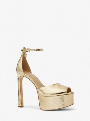 Tacones Michael Kors Martina Metallic Snake Embossed Cuero Peep-toe Plataforma Mujer Doradas | 215463-YCV