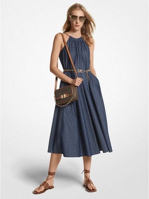 Vestido Michael Kors Logo Denim Jacquard Belted Halter Mujer Azul Marino | 958410-XDY