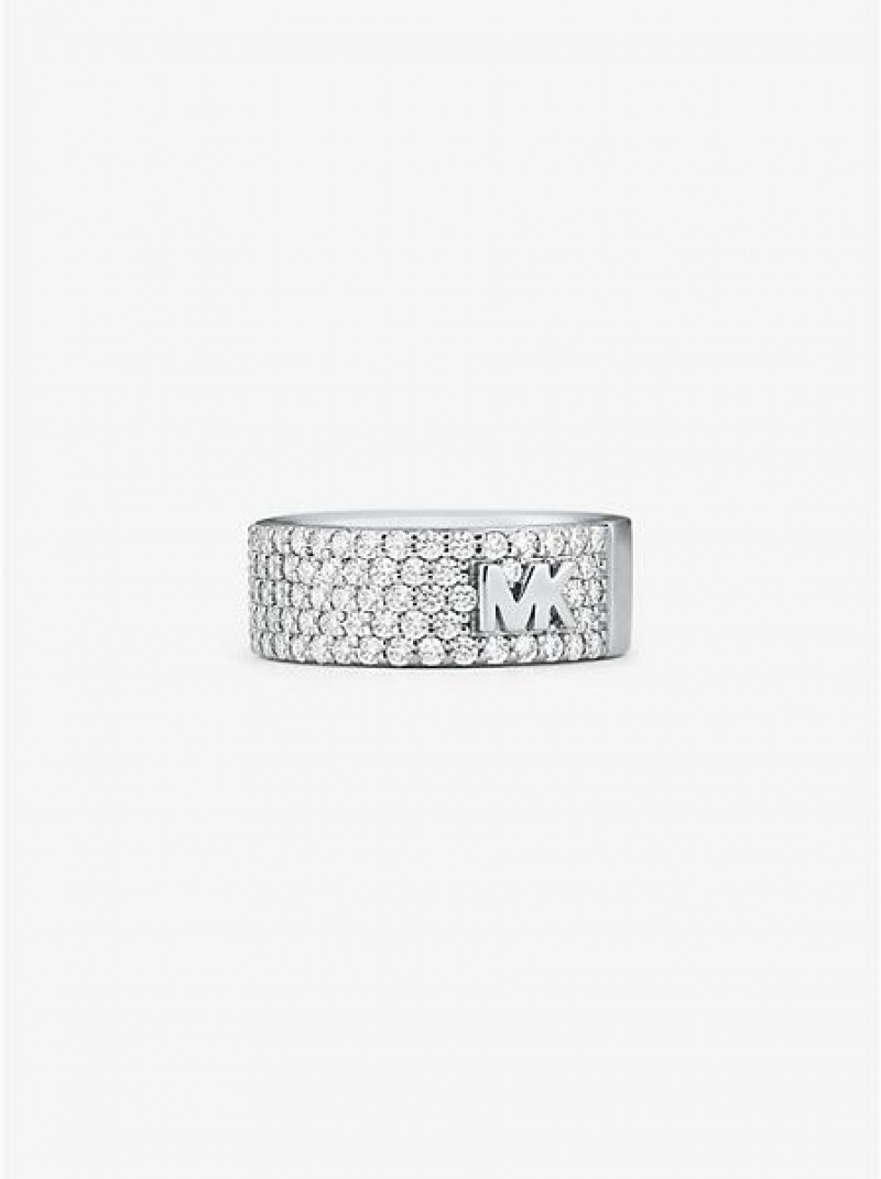 Anillos Michael Kors Mott Precious Metal-plated Sterling Silver Pave Logo Mujer Plateadas | 901346-HYP