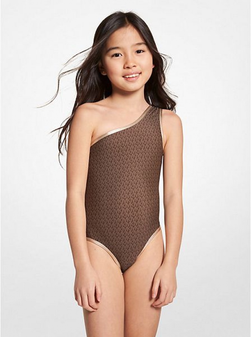 Bañadores Michael Kors Logo One Shoulder Niños Chocolate | 679048-UMX