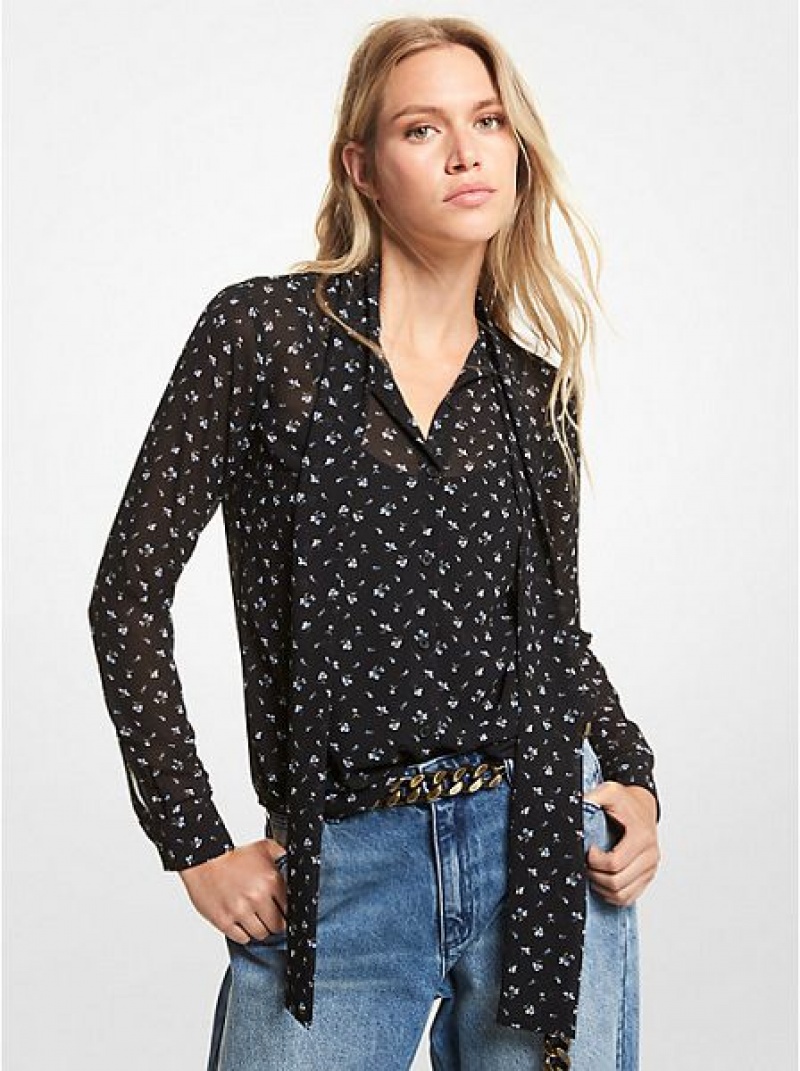 Blusas Michael Kors Floral Georgette Tie-neck Mujer Negras Blancas | 215397-JLI