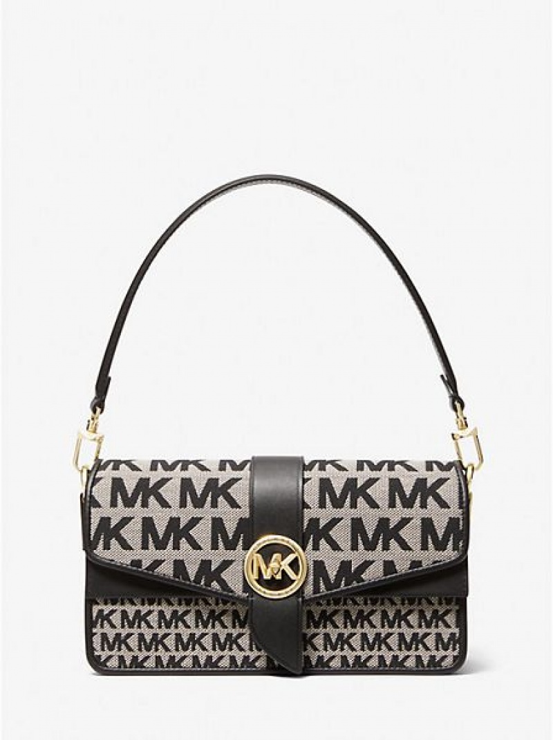 Bolsa De Hombro Michael Kors Greenwich Medium Logo Jacquard Mujer Beige Negras | 812940-JFM