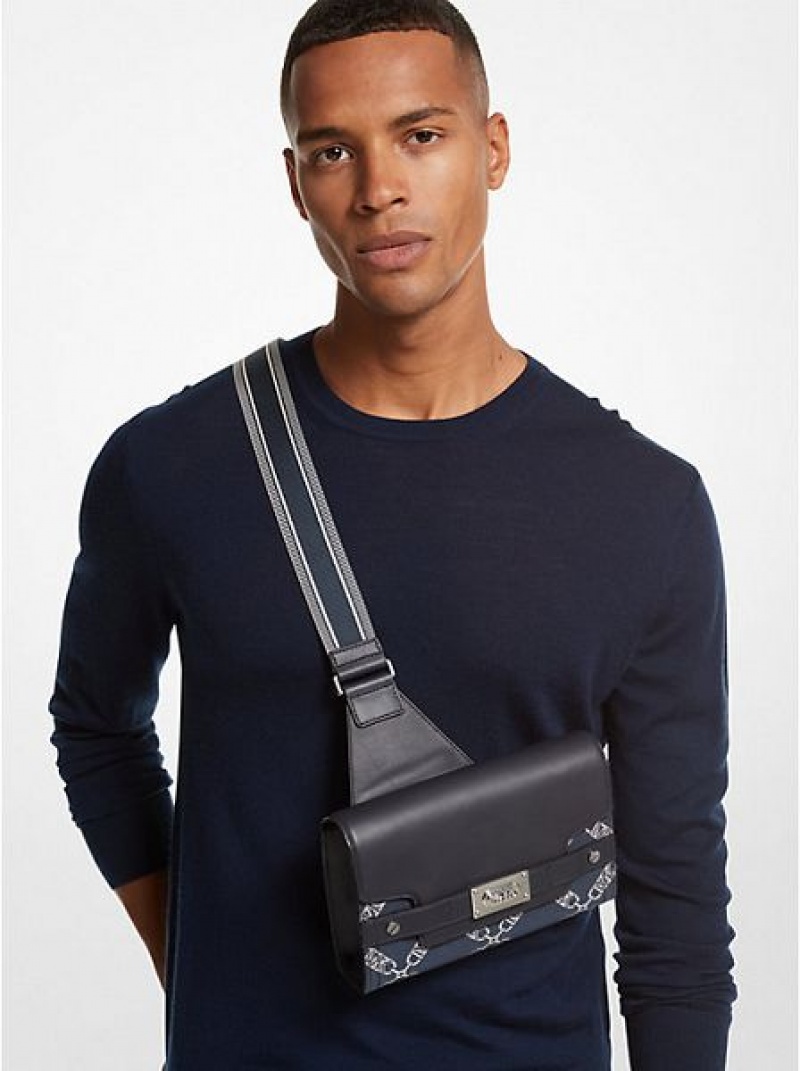 Bolsa De Hombro Michael Kors Hudson Empire Logo Jacquard And Cuero Hombre Azul Marino | 671035-NUV