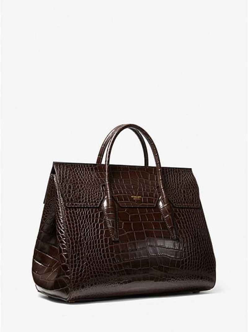 Bolsa Weekend Michael Kors Campbell Crocodile Embossed Cuero Mujer Chocolate | 735942-TGF