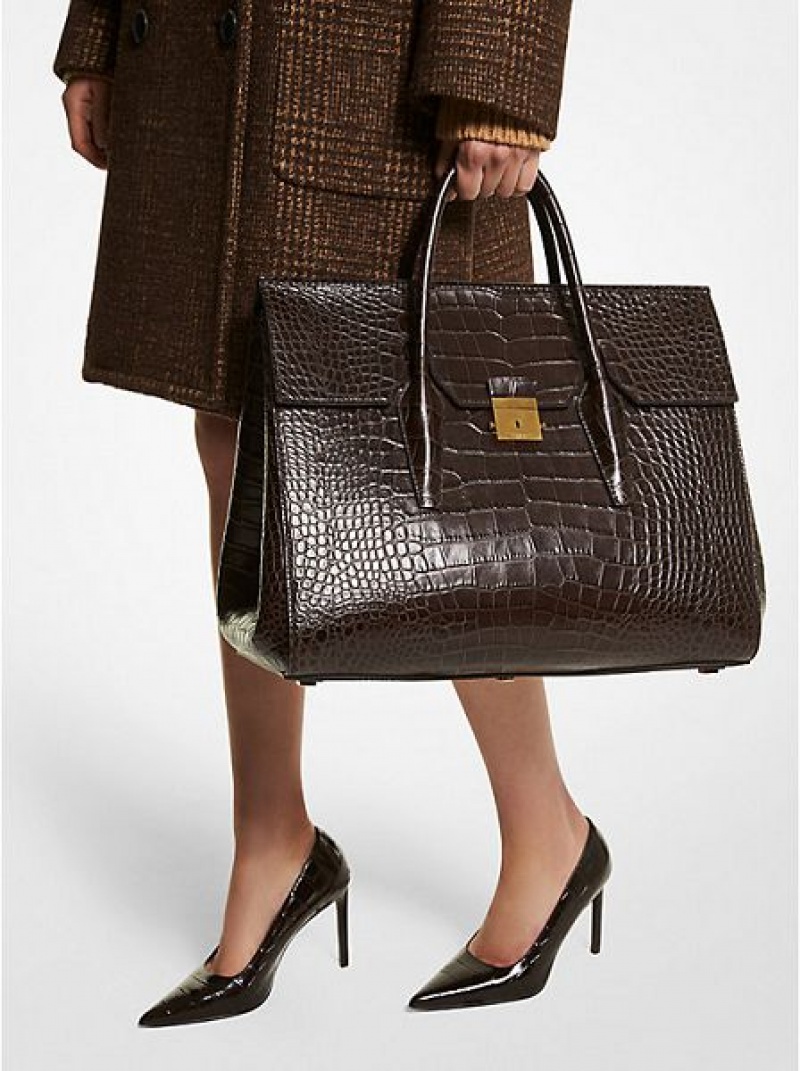 Bolsa Weekend Michael Kors Campbell Crocodile Embossed Cuero Mujer Chocolate | 735942-TGF