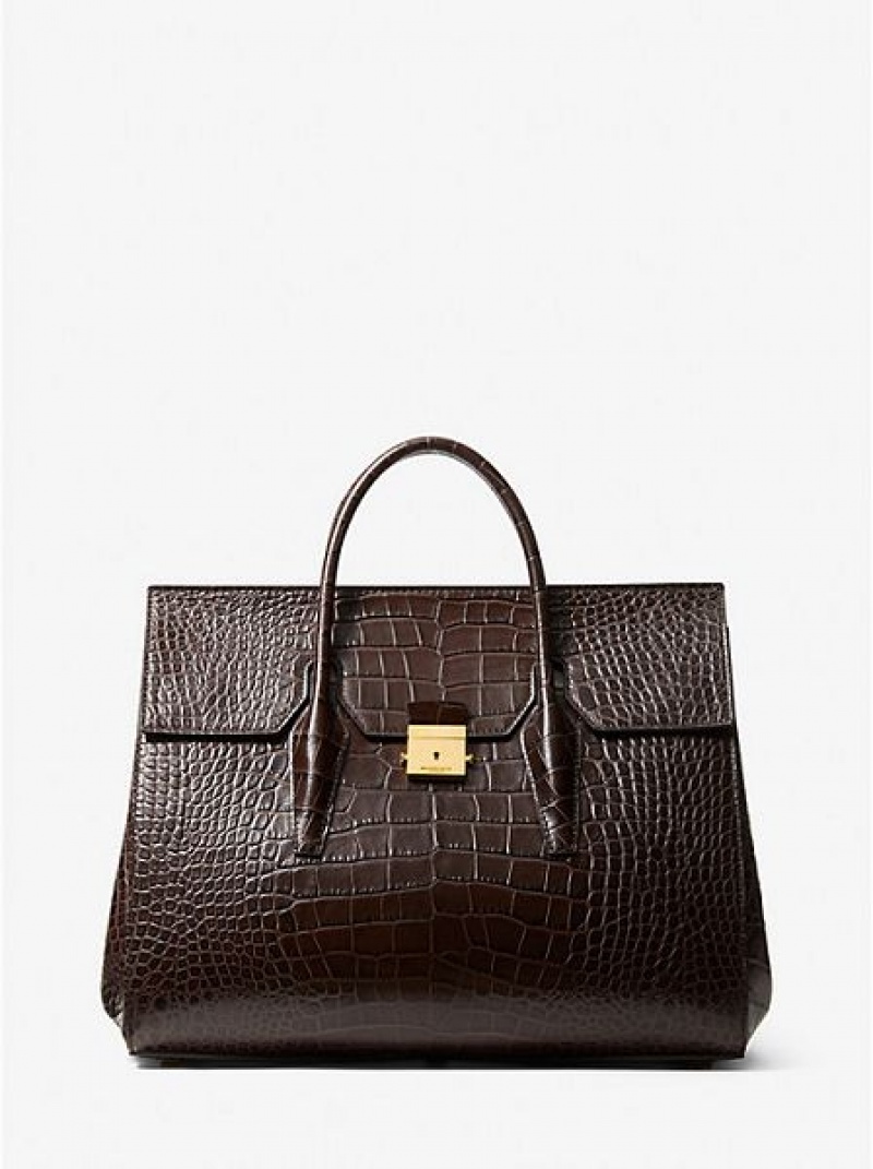 Bolsa Weekend Michael Kors Campbell Crocodile Embossed Cuero Mujer Chocolate | 735942-TGF