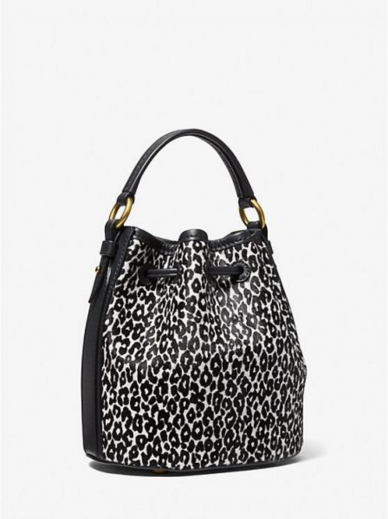 Bolso Saco Michael Kors Monogramme Small Leopard Print Calf Hair Mujer Negras Blancas | 180697-EDP