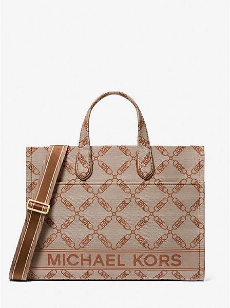 Bolso Tote Michael Kors Gigi Large Empire Logo Jacquard Mujer Beige | 106724-SMB