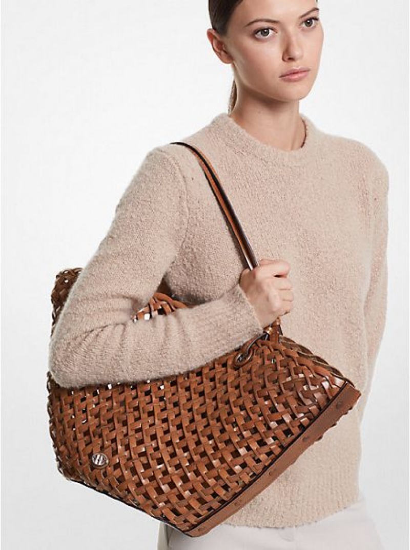 Bolso Tote Michael Kors Isabella Medium Hand-woven Cuero Mujer Marrones | 315840-PGR