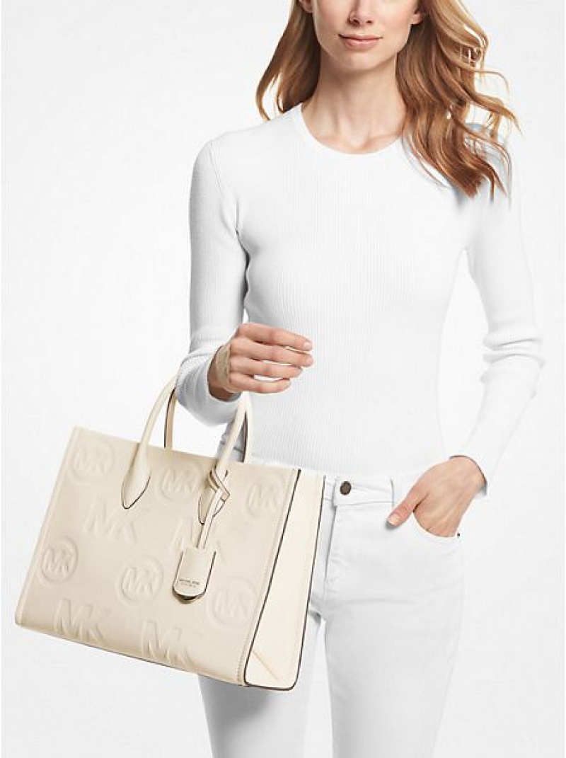 Bolso Tote Michael Kors Mirella Medium Logo Embossed Pebbled Cuero Mujer Creme | 256170-MPT