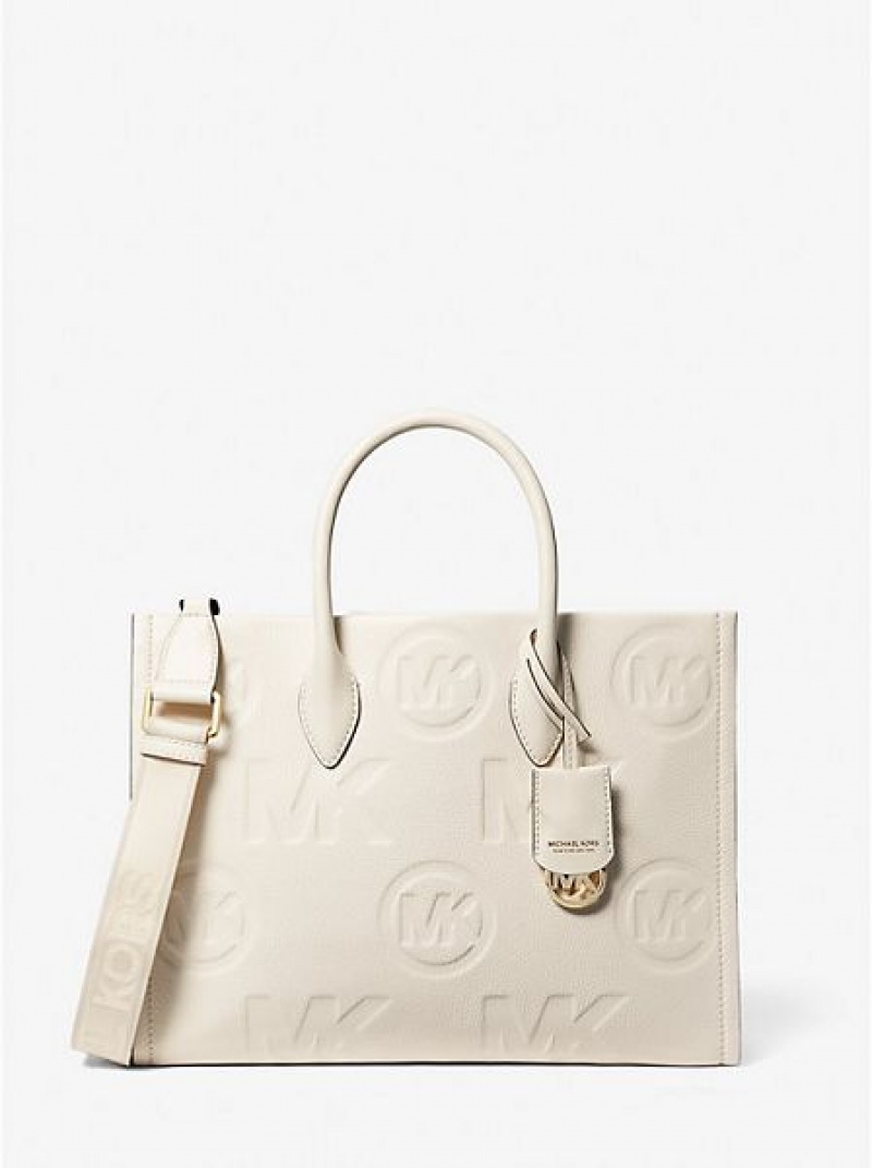 Bolso Tote Michael Kors Mirella Medium Logo Embossed Pebbled Cuero Mujer Creme | 256170-MPT