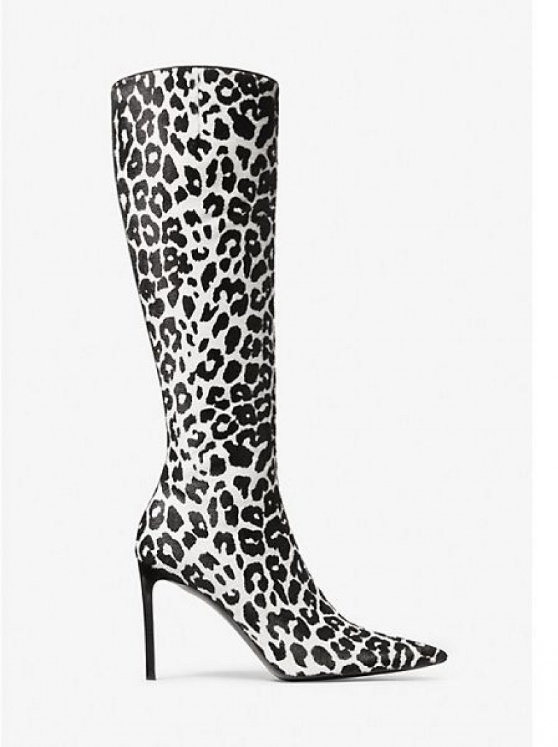 Botas Cuero Michael Kors Tatjana Leopard Print Calf Hair Mujer Negras Blancas | 579264-HPE