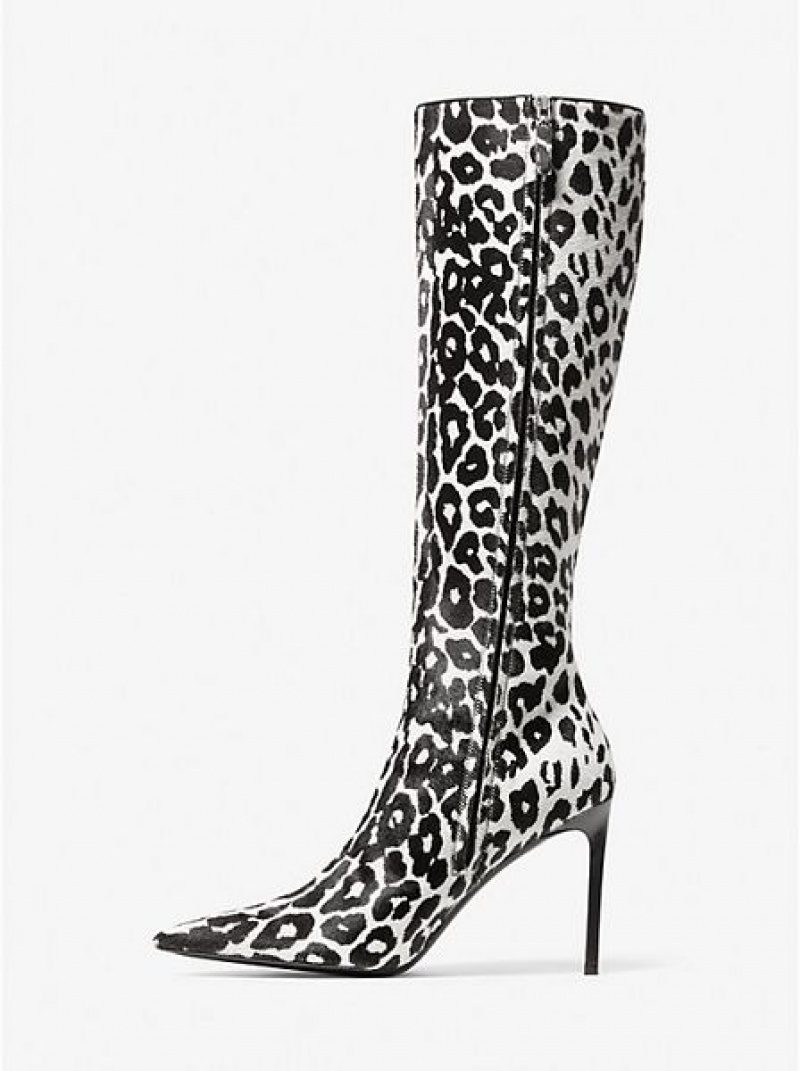 Botas Cuero Michael Kors Tatjana Leopard Print Calf Hair Mujer Negras Blancas | 579264-HPE