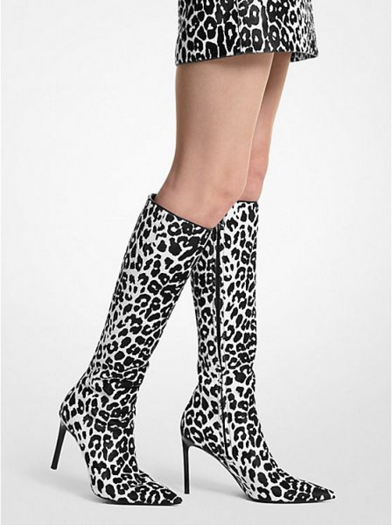 Botas Cuero Michael Kors Tatjana Leopard Print Calf Hair Mujer Negras Blancas | 579264-HPE