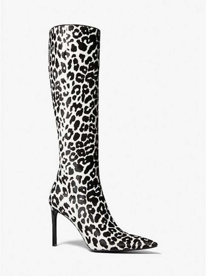 Botas Cuero Michael Kors Tatjana Leopard Print Calf Hair Mujer Negras Blancas | 579264-HPE