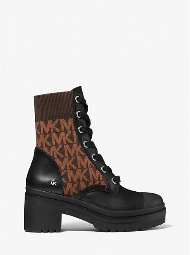 Botas de combate Michael Kors Brea Cuero And Logo Jacquard Mujer Marrones | 120367-UGL