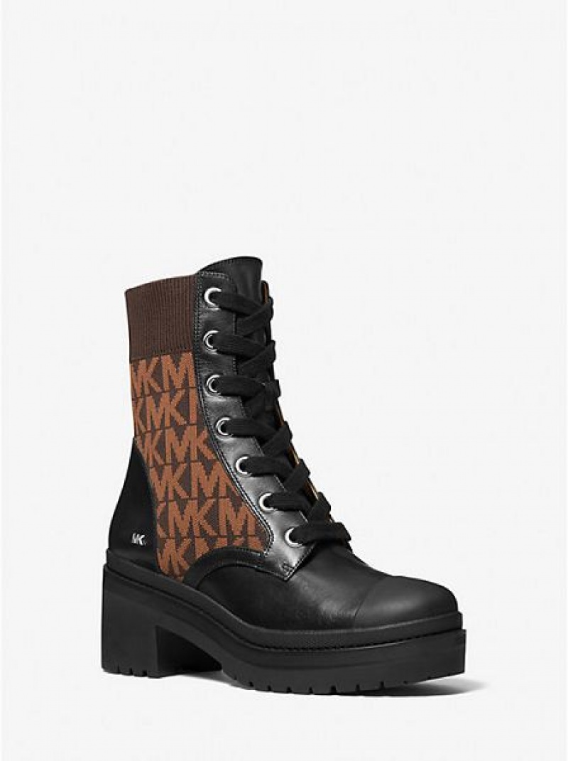 Botas de combate Michael Kors Brea Cuero And Logo Jacquard Mujer Marrones | 120367-UGL