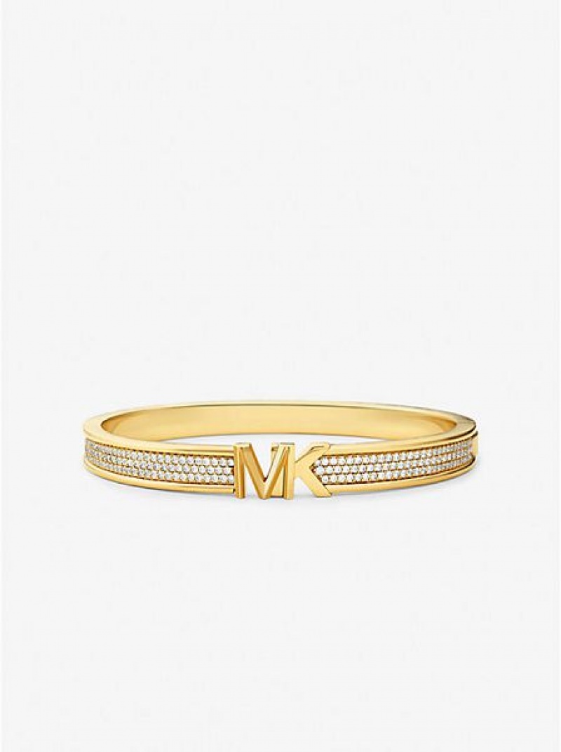 Brazaletes Michael Kors 14k Gold-plated Brass Pave Logo Mujer Doradas | 830591-OIU