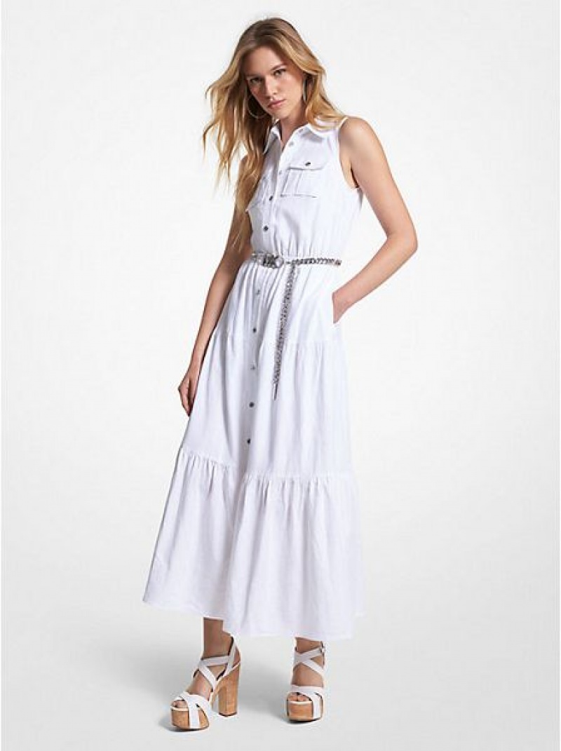 Camisa De Vestir Michael Kors Slub Linen Blend Maxi Mujer Blancas | 735280-YGT