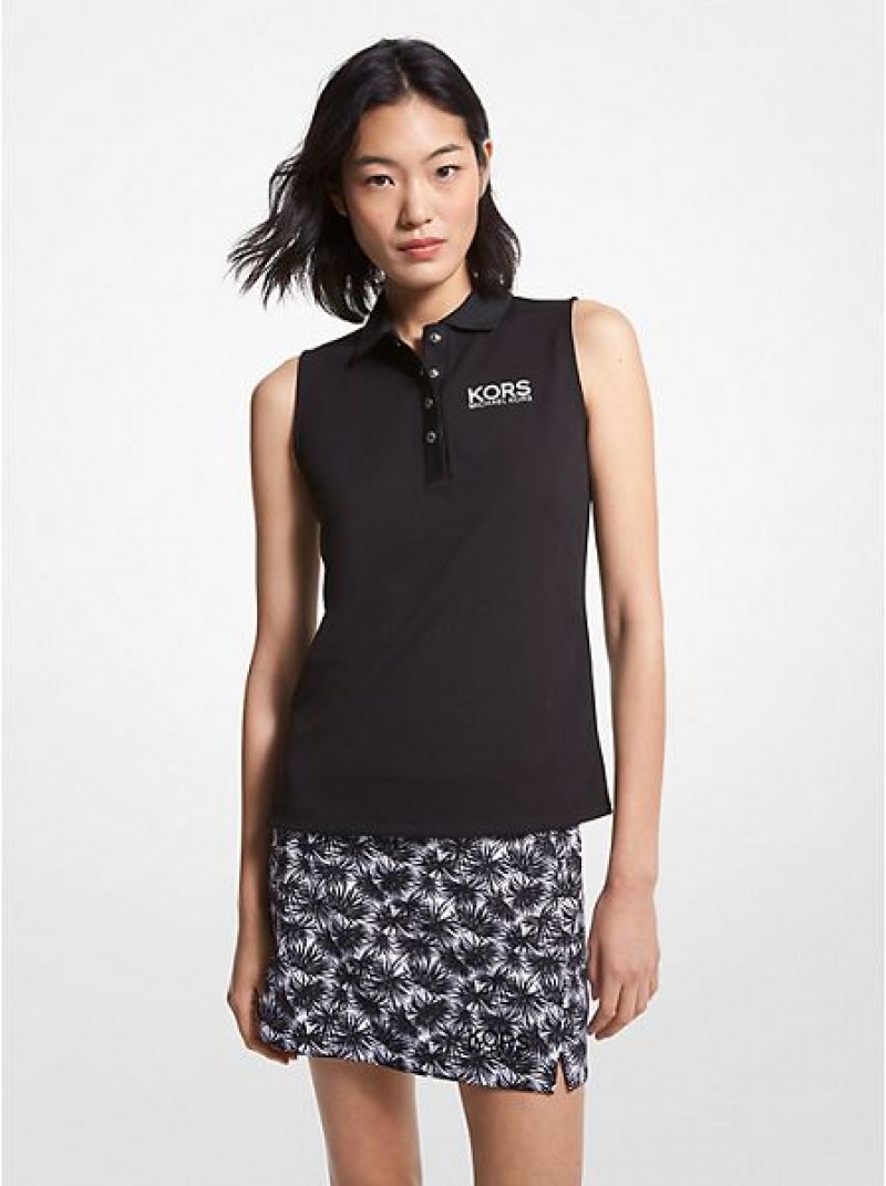 Camisa Polo Michael Kors Golf Logo Pique Sin Manga Mujer Negras | 621584-FJY