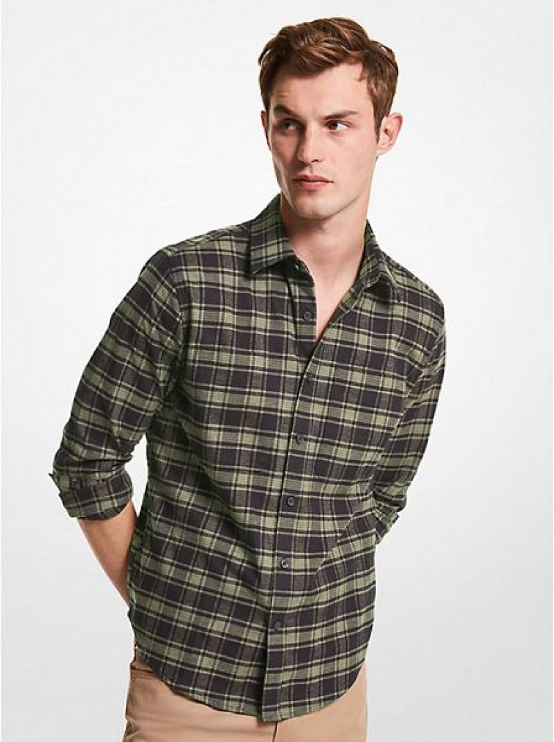 Camisas Michael Kors Slim-fit Plaid Algodon Flannel Hombre Verde Oliva | 156082-MNI