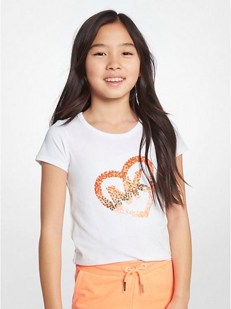 Camiseta Michael Kors Stretch Algodon Sequined Logo Heart Niños Blancas | 035427-RMW