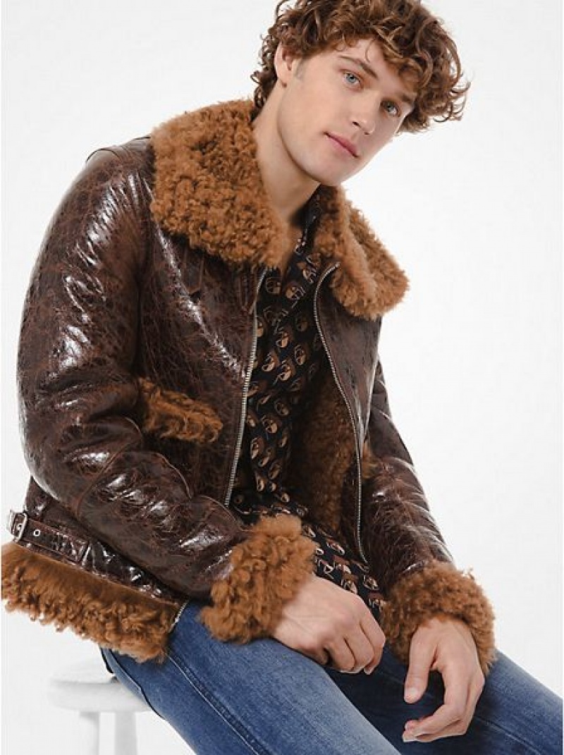 Chaquetas Michael Kors Distressed Charol Cuero Shearling Hombre Marrones | 034961-AEI