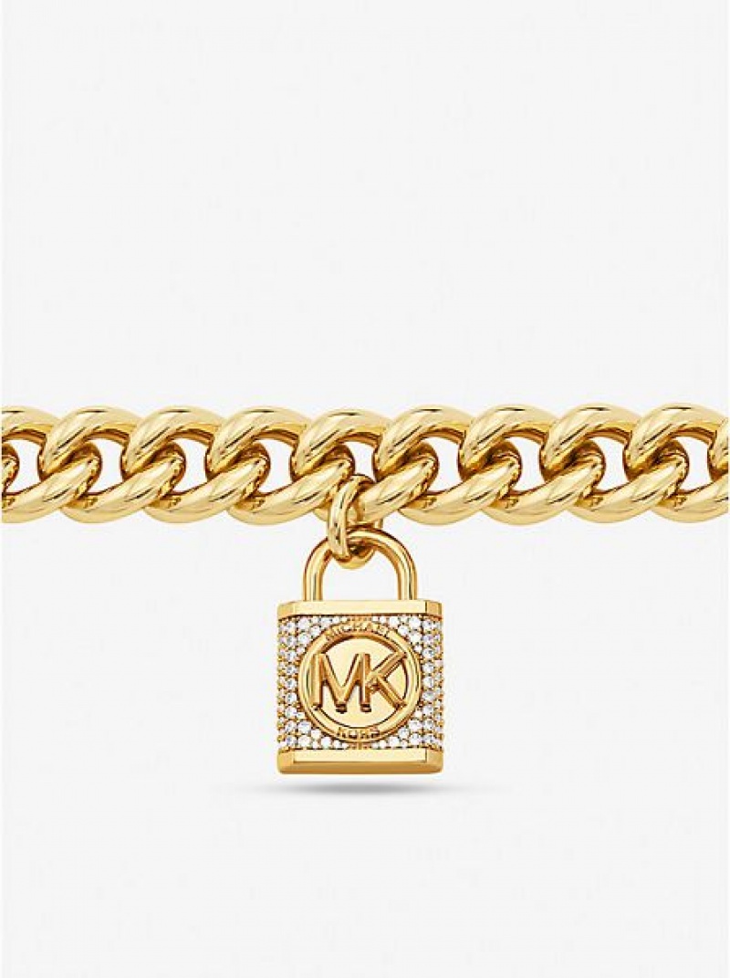 Collar Michael Kors 14k Gold-plated Brass Pave Lock Curb Link Mujer Doradas | 082739-GJB