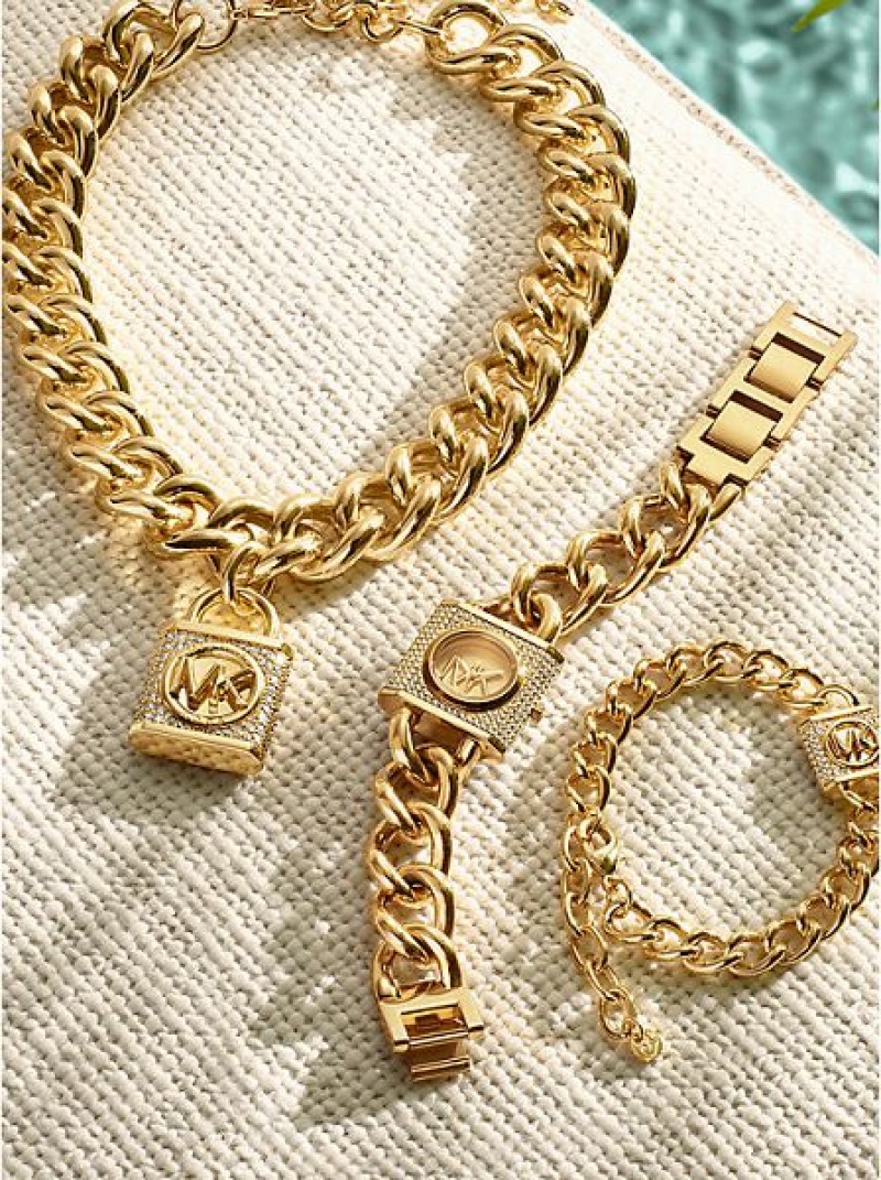 Collar Michael Kors 14k Gold-plated Brass Pave Lock Curb Link Mujer Doradas | 082739-GJB