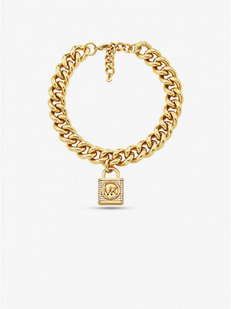 Collar Michael Kors 14k Gold-plated Brass Pave Lock Curb Link Mujer Doradas | 082739-GJB