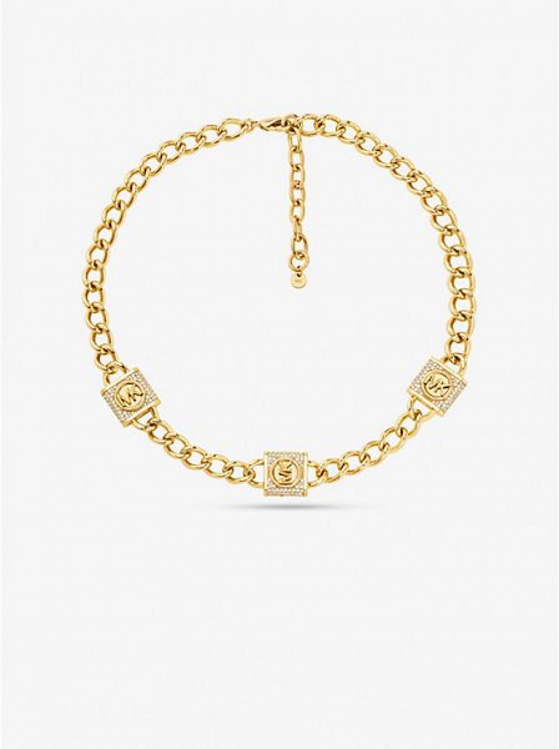 Collar Michael Kors 14k Gold-plated Brass Pave Lock Trio Mujer Doradas | 547208-DMN