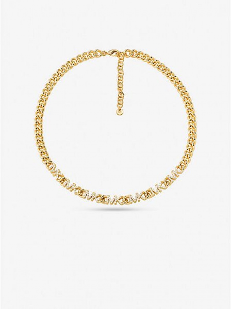 Collar Michael Kors 14k Gold-plated Brass Pave Logo Chain Mujer Doradas | 973048-VUM