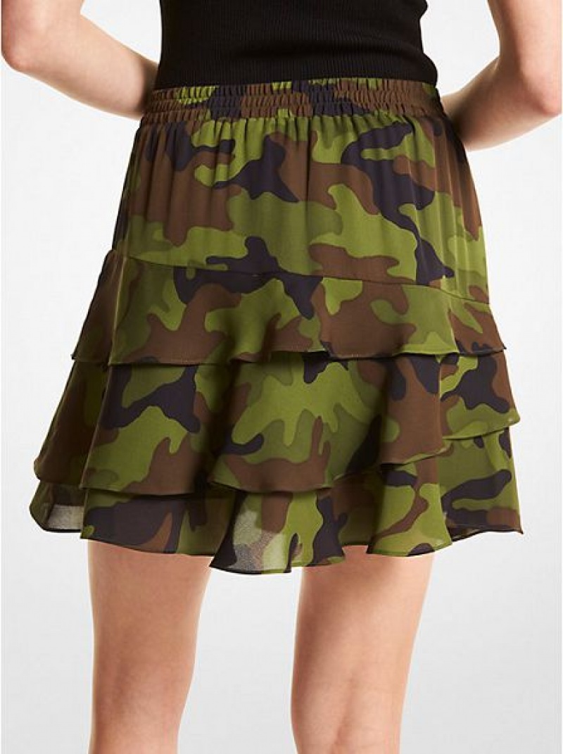 Falda Michael Kors Camouflage Silk Georgette Ruffled Mujer Verde Oliva | 438610-UOT