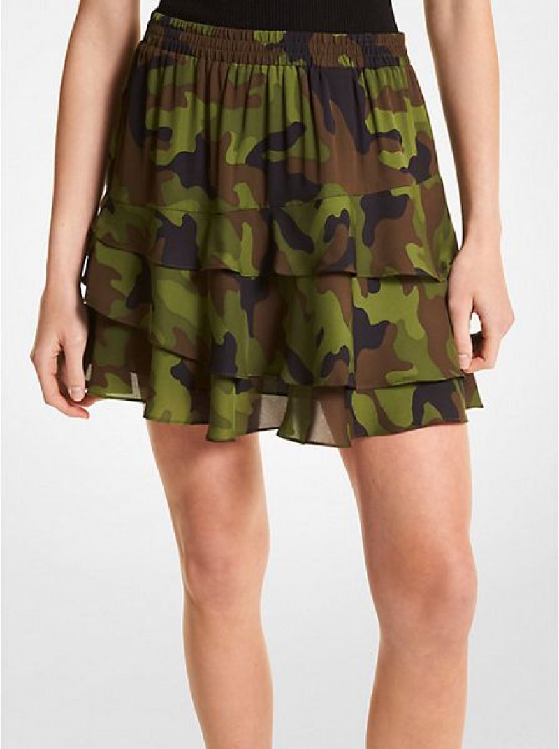 Falda Michael Kors Camouflage Silk Georgette Ruffled Mujer Verde Oliva | 438610-UOT