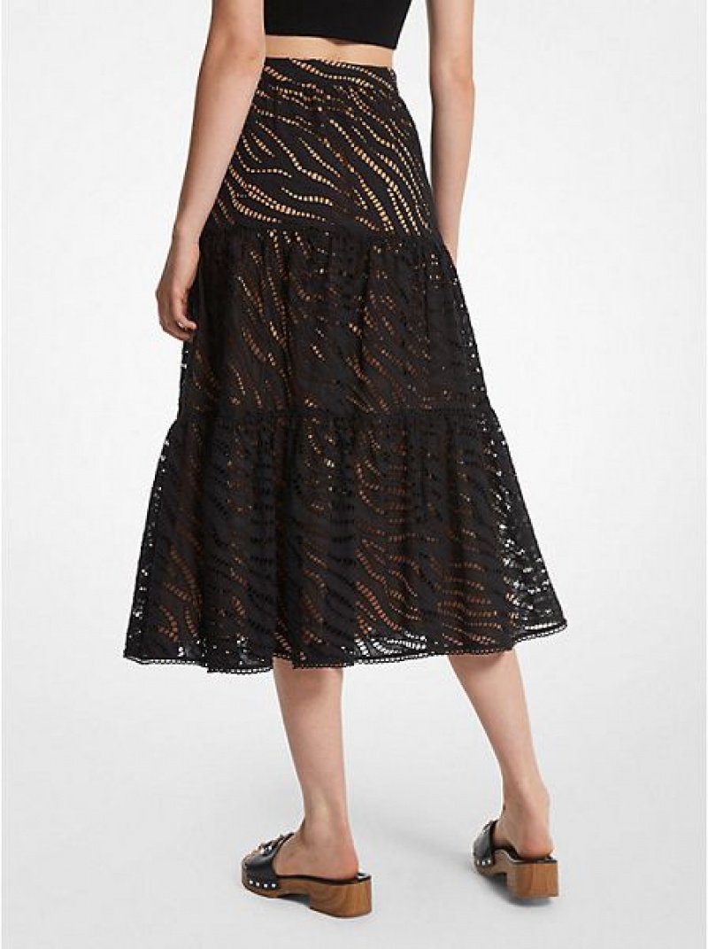 Falda Michael Kors Zebra Eyelet Algodon Tiered Midi Mujer Negras | 239460-AGR