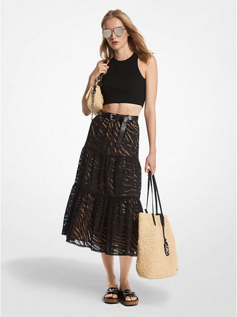 Falda Michael Kors Zebra Eyelet Algodon Tiered Midi Mujer Negras | 239460-AGR