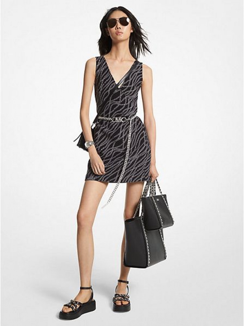 Mini Vestido Michael Kors Status Print Stretch Twill Mujer Negras Plateadas | 873695-XUA