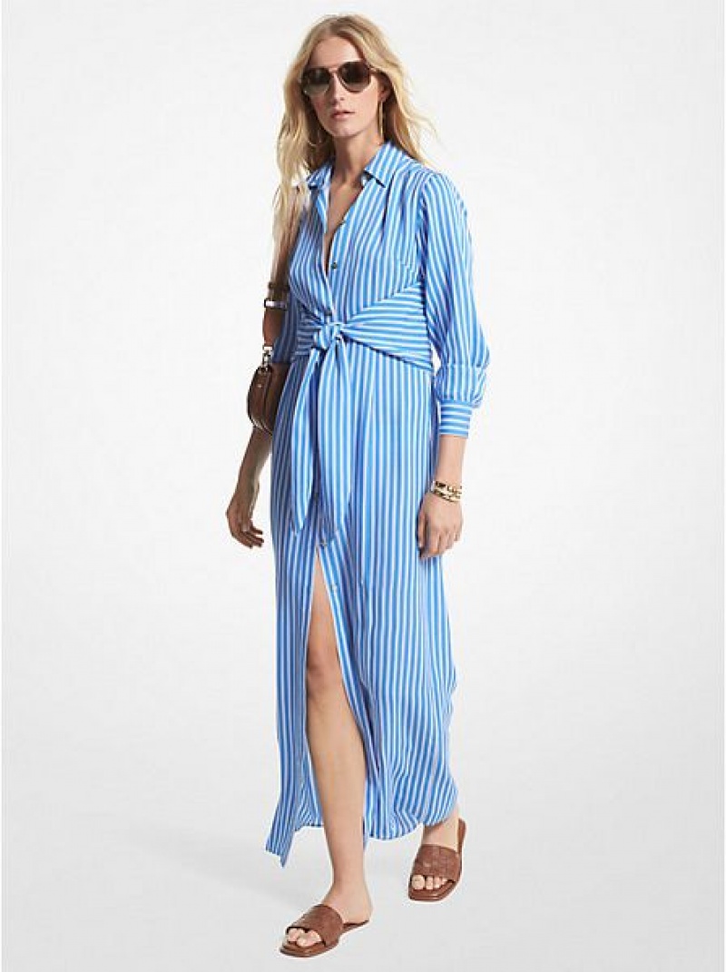 Pantalones Michael Kors A Rayas Georgette Tie-front Shirtdress Mujer Azules | 961203-DHJ