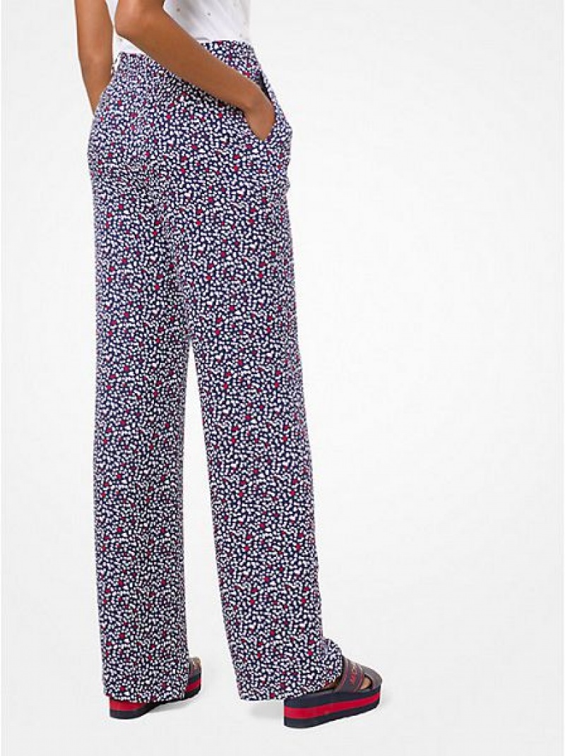 Pantalones Michael Kors Heart-print Silk-georgette Pajama Mujer Blancas Azul Marino | 397621-HRZ